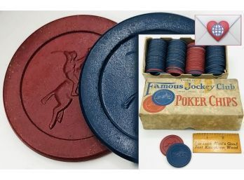 Full Vintage Box Famous Jockey Embossed Catalin Poker Gambling Chips Red Blue Old