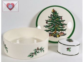 1966 Spode And Cuthbertson Christmas Trees Fine English Porcelain Lidded Containers