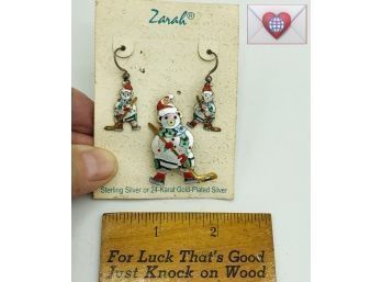 Christmas Hockey Bears Earrings And Brooch Sterling Silver Enamel Jewelry On Original Card