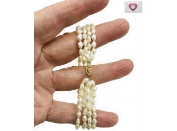 Beautiful Natural Fresh Water Baroque Pearls Multi Strand 14K Solid Gold Clasp Bracelet Batik Fabric Gift Box