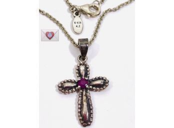 Lovely Smaller Sterling Silver Cross With Lively Natural Pink Ruby Necklace