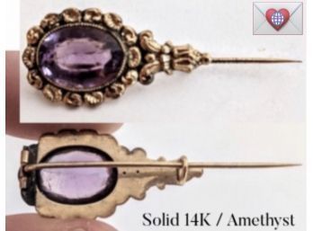Beautifully Hand Wrought Solid 14K Gold Antique Hinged Cravat Pin With Large Amethyst ~ 2.7g