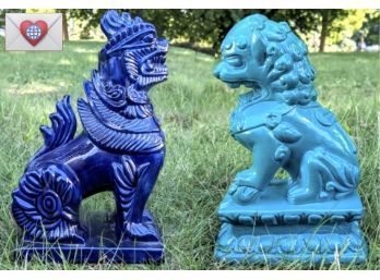 Excellent Pair Of Dark And Light Blue Fire Glazed Ceramic Foo Dogs ~ 9' And 11'