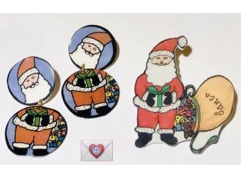 Super Lightweight Artist Made Santa Post Dangle Earrings And Brooch