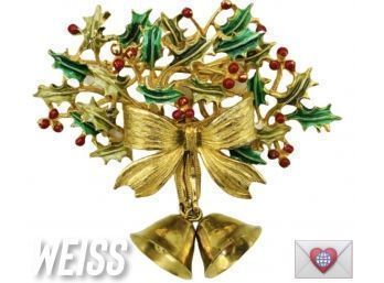 Large WEISS Poinsettia Christmas Brooch With Musical Dangle Bells