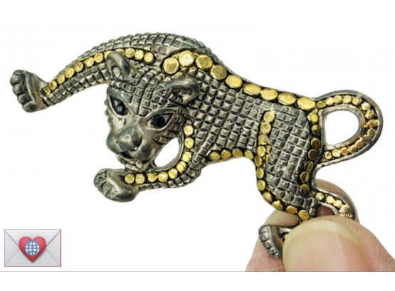 Dramatic Silver And Gold Crouching Panther Brooch