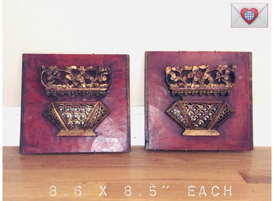 19th Century Cedar Wood Red And Gold Painted Art Screen Panels From Pacific Arts ~ $175