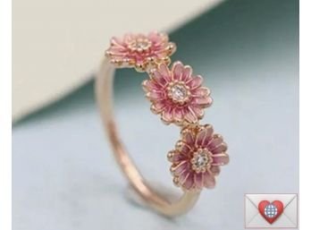 Pink Ombre 3 Daisies With Sparkling Rhinestones Centers Rose Gold Plated Fashion Ring Size 6