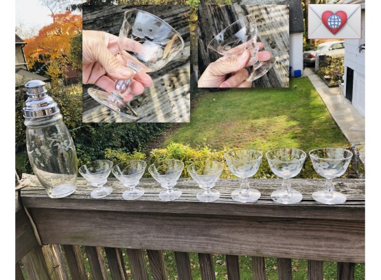 Wedded Set Of Seven Vintage Etched Crystal Glasses With Shaker