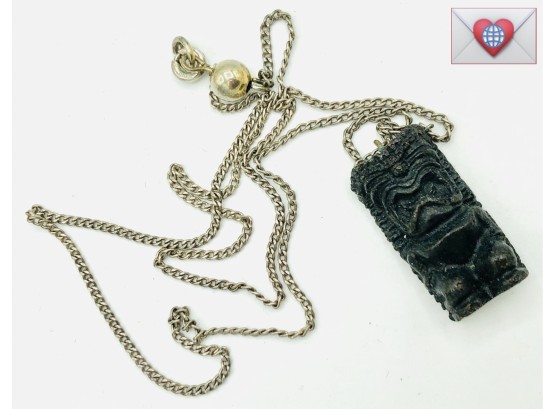 Bog Oak Tiki Charm Necklace Sterling Silver Chain 20'