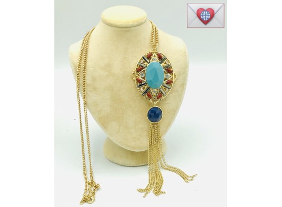 Smashing! Gold Tone Costume Necklace With Facetted Stones And Sexy Swingy Dangles 30'