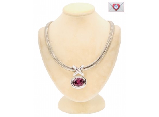 Modern Thick Silver Tone Choker With Large Vibrant Magenta Pendant Necklace