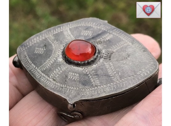 Hand Wrought Low Grade Silver Box Topped With A Large Red Bezel Set Carnelian Cabochon 2.5'