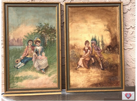 Quirky Lovable Primitive Pair Of Large Figurative Antique Paintings