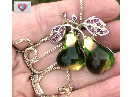 Vintage New Old Stock Designer LORAN Green Pears Fruit Jelly Belly Sterling Silver Necklace