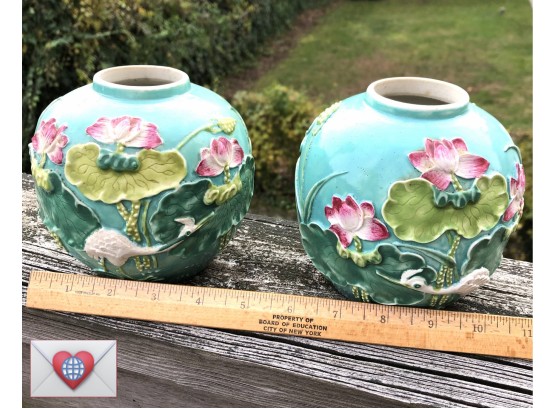 Exceptionally Wonderful Pair Of Brightly Colored Cranes And Flowering Lilies Glazed Porcelain Round Vases