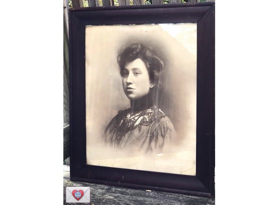 Oversized Antique Sepia Portrait Of Proper Woman In Heavy Old Dark Wood Frame Under Glass