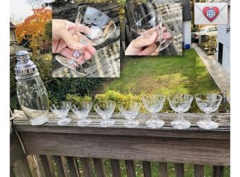 Wedded Set Of Seven Vintage Etched Crystal Glasses With Shaker