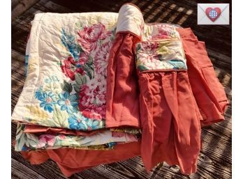 Charming Twin Size Vintage Vermillion Floral Bedspread Pillowcases And 2 Window Vallances