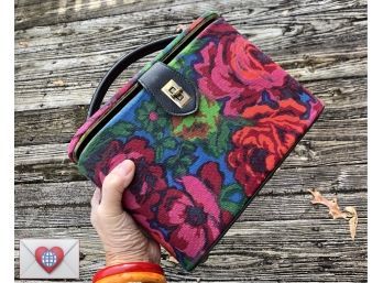 Superb Bold Floral Tapestry Vintage Footed Box Purse