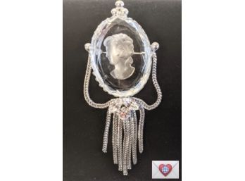 Beautiful Large Vintage Reverse Carved Glass Cameo Brooch Silver Dangles Brooch 4'