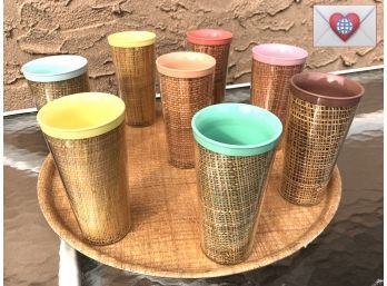 Just For Fun! Grass Under Plastic Tutti Frutti Colored Vintage Tumblers And Tray Set