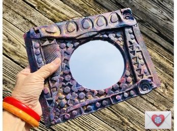 Handmade Pottery ~ Artsy Opalescent Purple Painted Small Decor Mirror