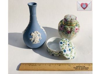 Vintage Wedgwood Vase And Limoges And Chinoiserie Porcelain Lidded Decor Vessels