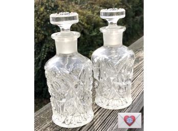 Pair Of Vintage Pressed Glass Cruets With Glass Stoppers