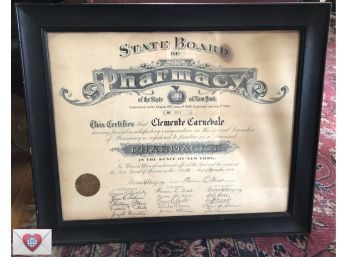 Large 1904 Rare Historical And Fabulous Multi Signature Framed Pharmacy Certificate