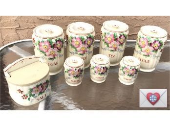 Yummy 8 Piece Hand Painted Made In Japan Glazed Pottery Vintage Canister Set