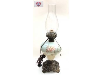 Pale Green Ombre Glass And Brass Electrified Antique Oil Table Lamp With Transfer Flower Art