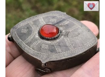 Hand Wrought Low Grade Silver Box Topped With A Large Red Bezel Set Carnelian Cabochon 2.5'
