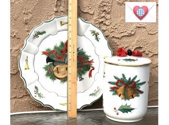 Hand Painted In Italy For Gumps ~ Christmas Canister And Platter