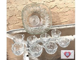 Vintage Pressed Glass Punch Bowl Set With 8 Glasses And A Plastic Ladle