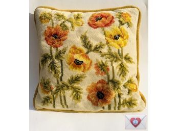 Vintage Hand Needlepoint Floral Pillow With Velvet Back