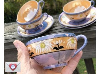 Set Of 4 Vintage Hand Painted Daisies On Lavender And Coral Tea Cups And Saucers