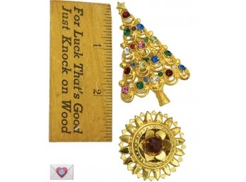 Pair Of Bright Gold Tone Brooches With Rhinestones ~ A Christmas Tree And A Circle Fleurette