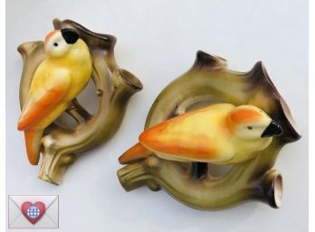 Pair Of Perfectly Wonderful Glazed Ceramic Bird Wall Mounted Planter Vases Czech