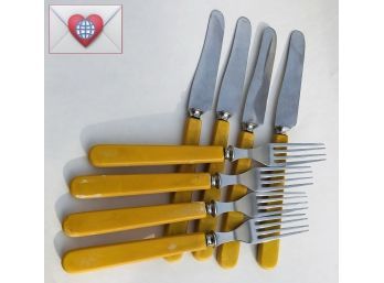 4 And 4 ~ Butterscotch Bakelite Vintage Forks And Knives