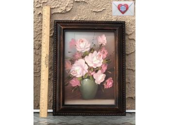 Sweet Smaller Vintage Framed Painting Of Pink Roses In A Vase