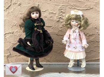 2 Charming Girl Dolls On Stands