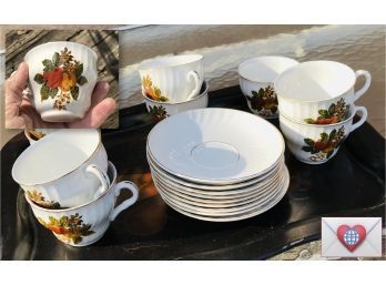 Set Of 9 English Porcelain Autumn Themed Tea Cups With Enoch Wedgwood Saucers