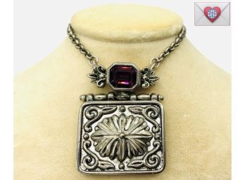 Stylish Articulated Costume Silver Necklace With A Large Bezel Set Deep Purple Red Stone