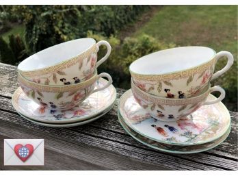 Set Of 4 Chinoiserie Fine Porcelain Teacups And Saucers