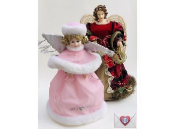 Pair 12' Vintage Christmas Angel Dolls On Stands