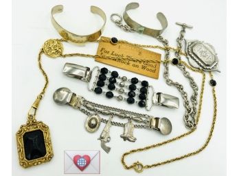 Ab Fab! Big Vintage Jewelry Lot ~ 7 Pieces With 2 Sweater Clips ~ Yummy!