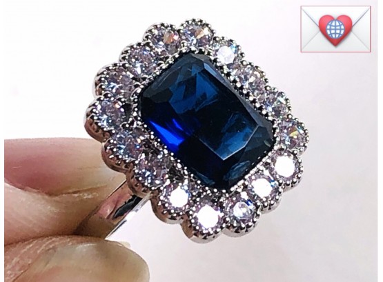 Princess Diana Sparkling Emerald-Cut Blue Sapphire Glass Solitaire Bright White CZs Sterling Ring ~ Size 7