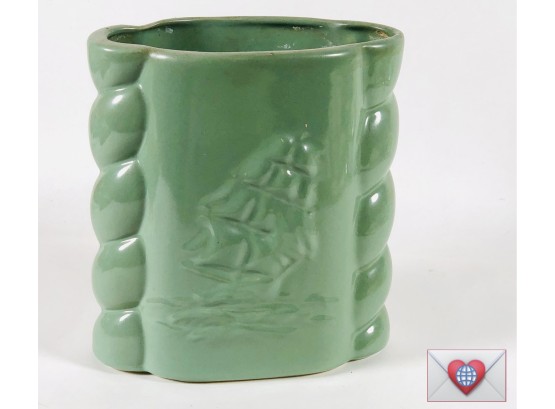 Jadite Sea Foam Green Fire Glazed Vintage Abington Stoneware ~ Cutty Sark Sailing Ship Vase