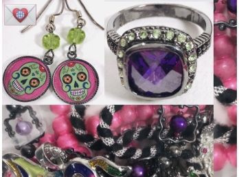 WYSIWYG ~ Pinks And Purples Cool Fun Vintage Jewelry Lot {H}